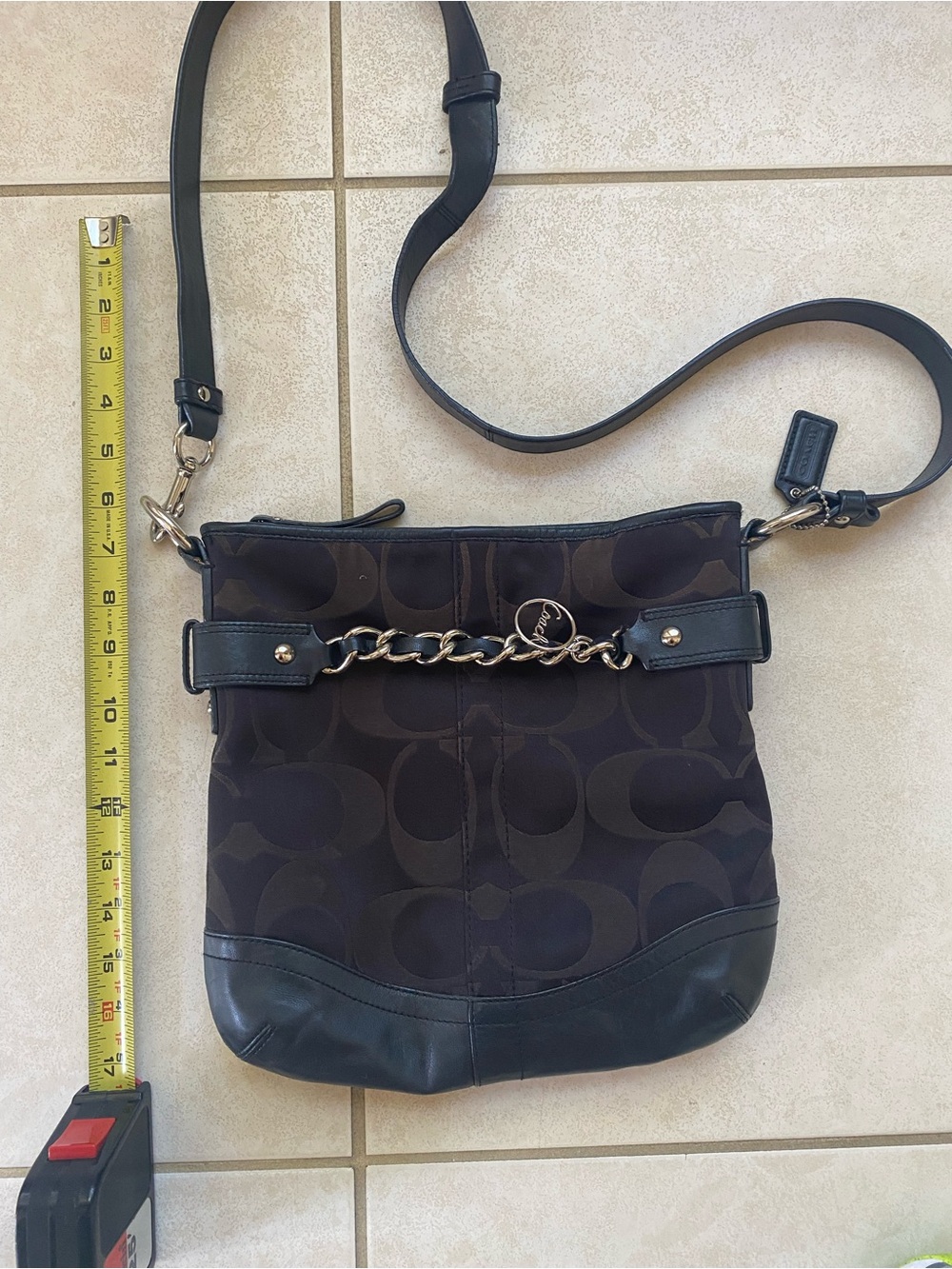 Coach Dark Brown Signature Crossbody with Chain Detail